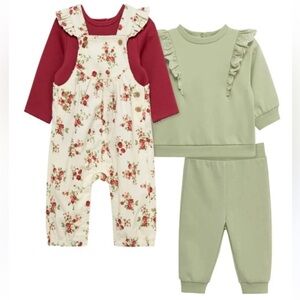 Little Me Floral Overalls with Green Sweatshirt Set 4 pieces